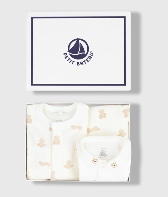 Babies' teddy bear print cotton 3-piece gift set MARSHMALLOW /BRUN
