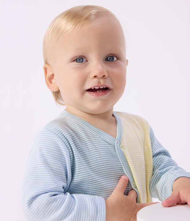 Babies' stripy printed cotton pyjama suit green/white