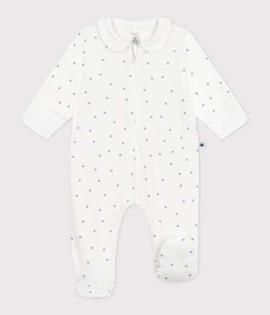 Babies' star printed cotton pyjama suit with a collar MARSHMALLOW white/ALASKA blue