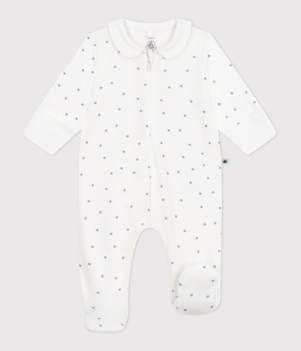 Babies' star printed cotton pyjama suit with a collar white/blue