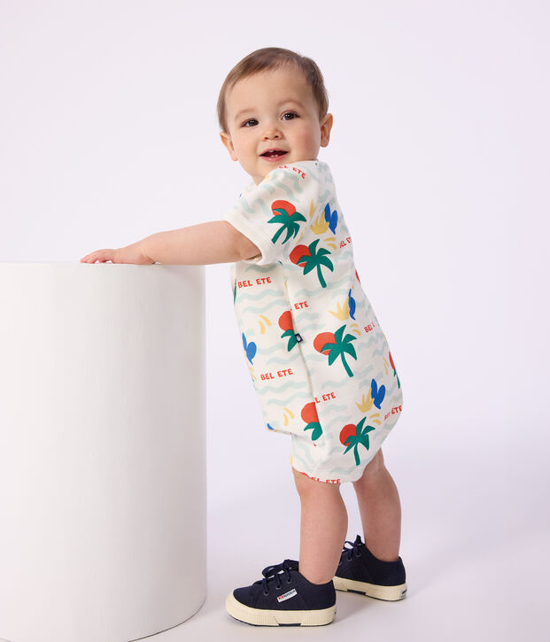 Babies' short printed cotton playsuit Ecru/multicolor