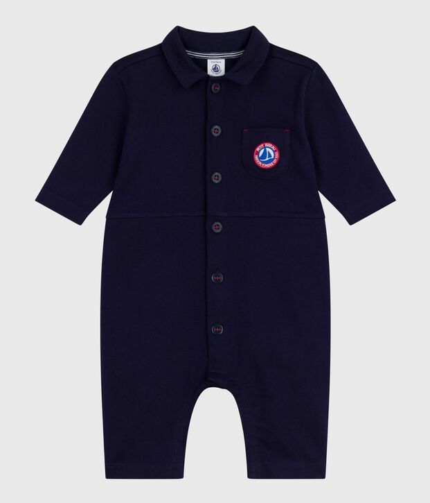 Babies' long, plain overall-style cotton playsuit blue