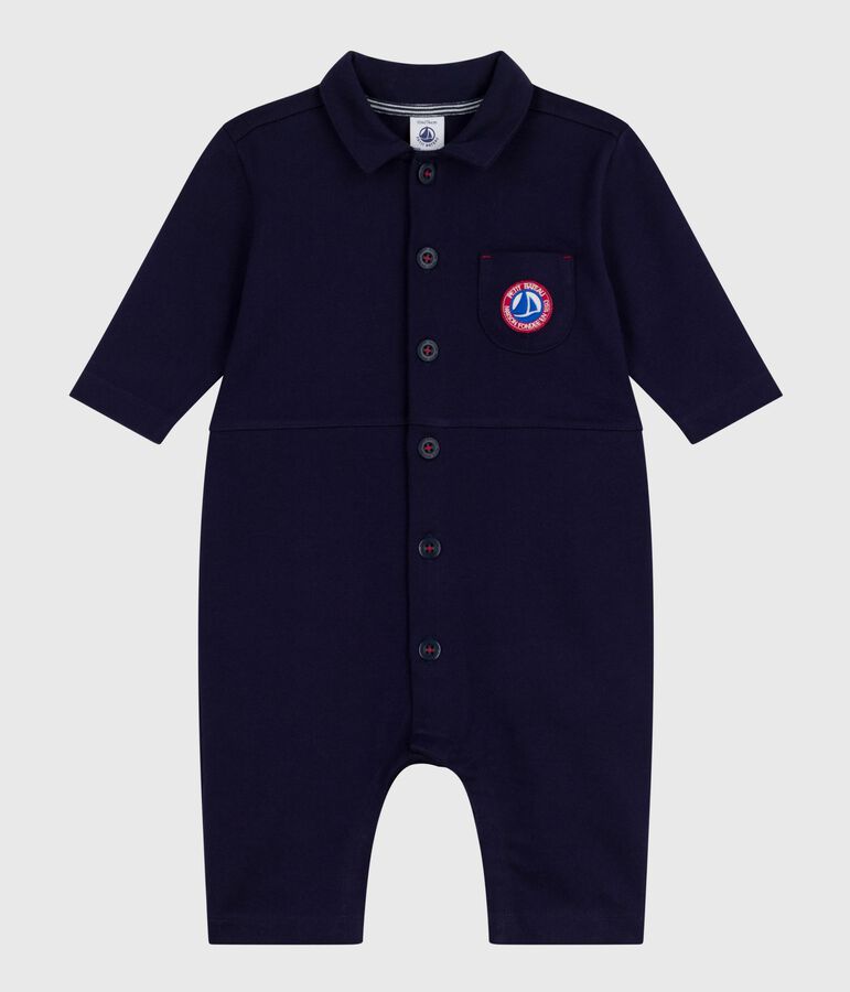 Babies' long, plain overall-style cotton playsuit blue