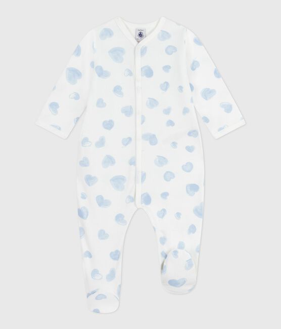 Babies' brushed fleece heart-print pyjamas with a collar MARSHMALLOW /ADRIATIC