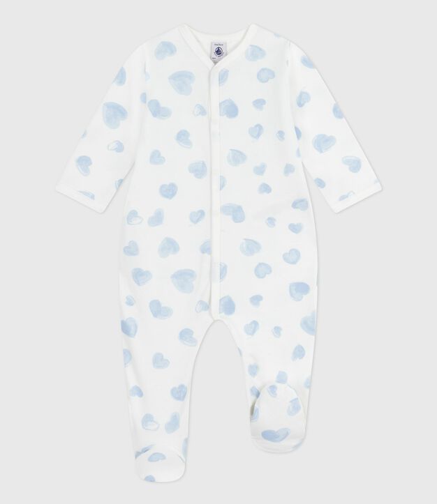Babies' brushed fleece heart-print pyjamas with a collar white/blue