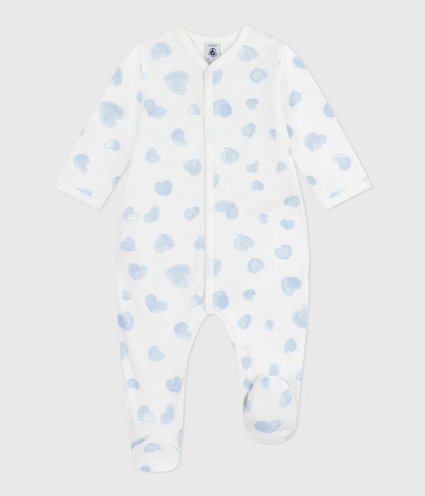 Babies' brushed fleece heart-print pyjamas with a collar white/blue