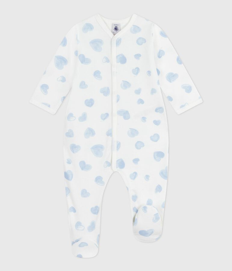 Babies' brushed fleece heart-print pyjamas with a collar white/blue