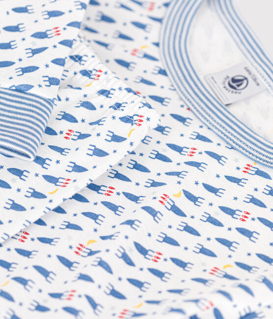 Children's fitted rocket-pattern printed cotton pyjamas MARSHMALLOW white/MULTICO white