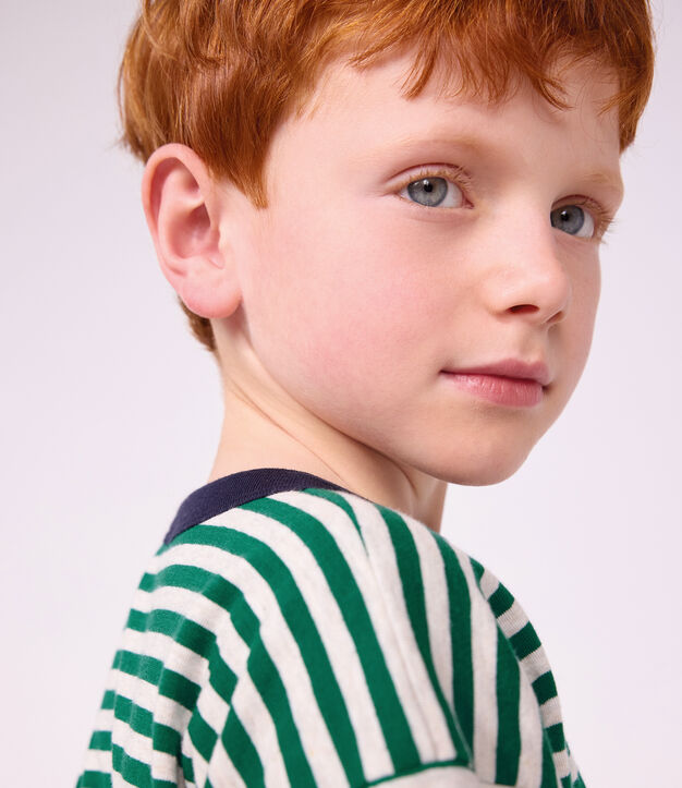 Children's long-sleeved stripy T-shirt green/beige/green