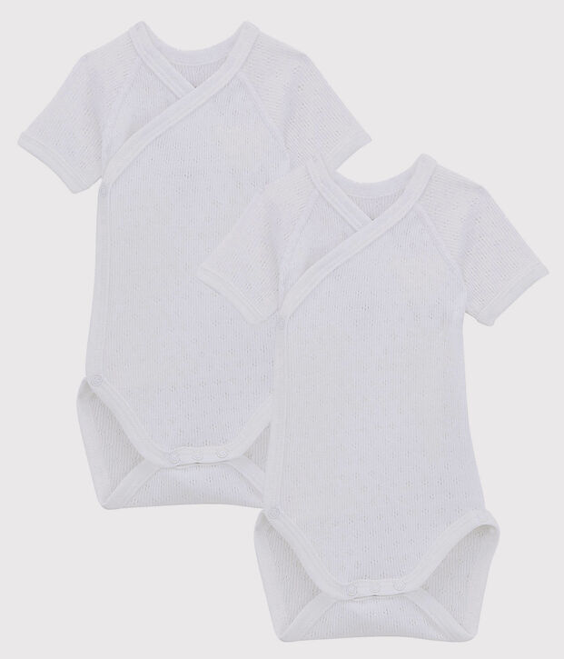 Babies' White Short-Sleeved Wrapover Organic Cotton Lace Knit Bodysuits - 2-Pack multicolor