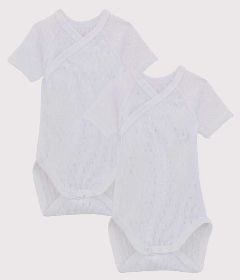 Babies' White Short-Sleeved Wrapover Organic Cotton Lace Knit Bodysuits - 2-Pack multicolor