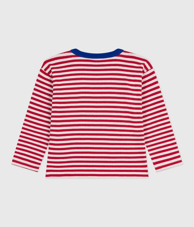 Children's long-sleeved stripy cotton T-shirt red/ecru