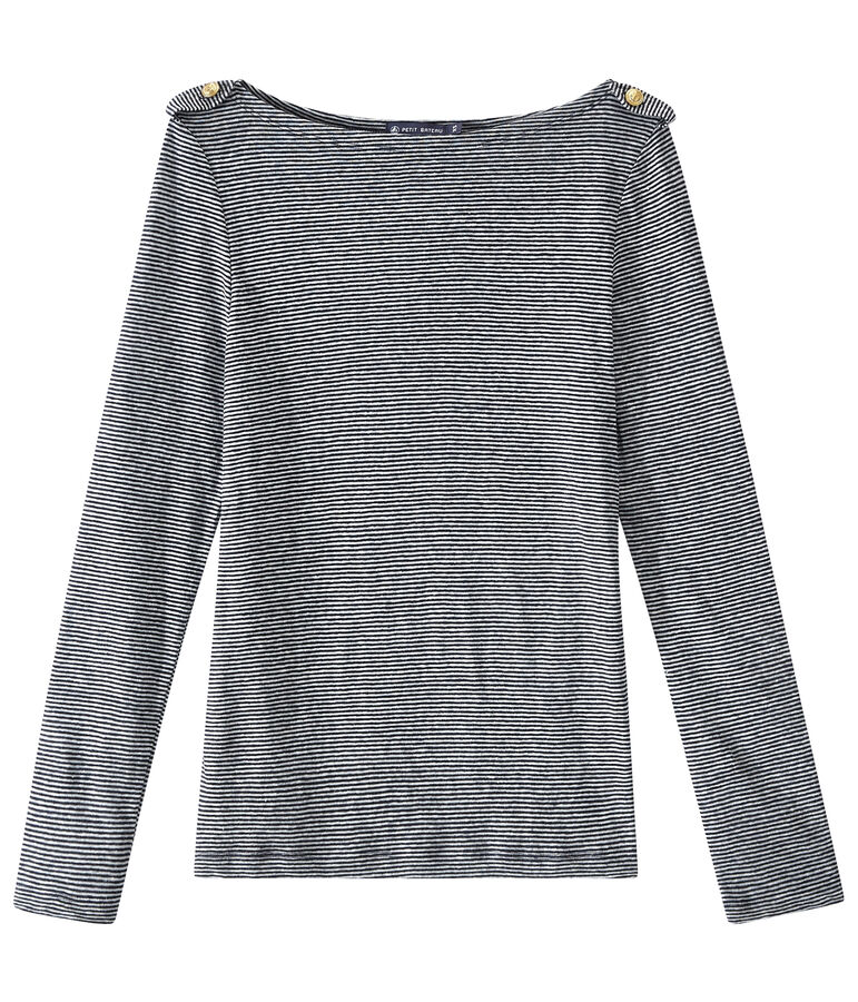 Women's striped linen long-sleeve tee SMOKING blue/LAIT white