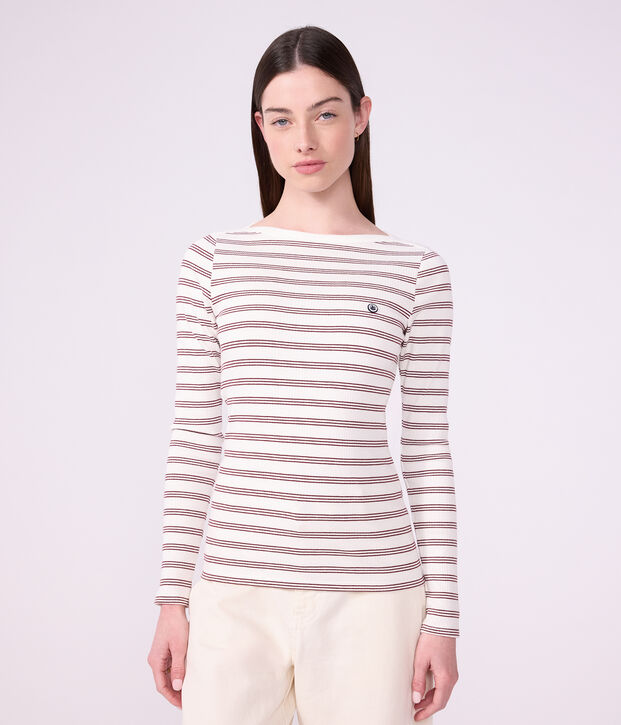 Women's admiral collar stripy cotton T-shirt with long sleeves white/red