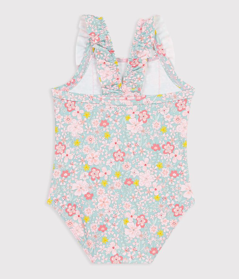 Babies' one-piece swimsuit with ruffles and a flower print. blue/multicolor