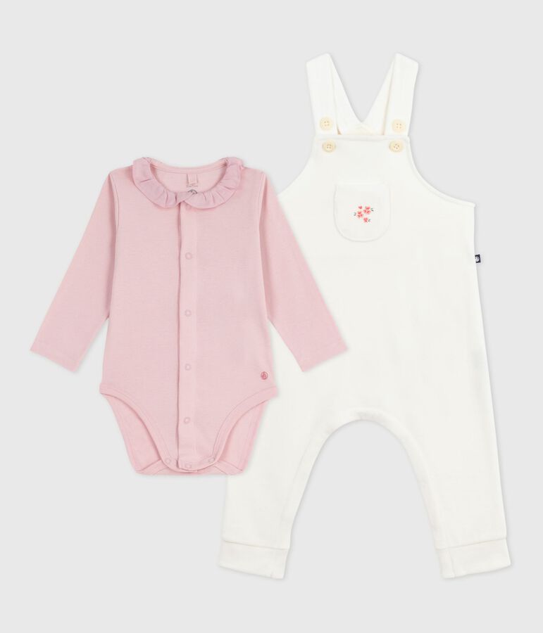 Babies' dungarees in plain cotton with stylish details Ecru/pink