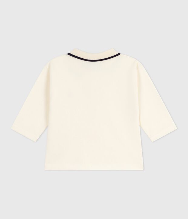 Babies' long-sleeved plain cotton polo shirt MILK