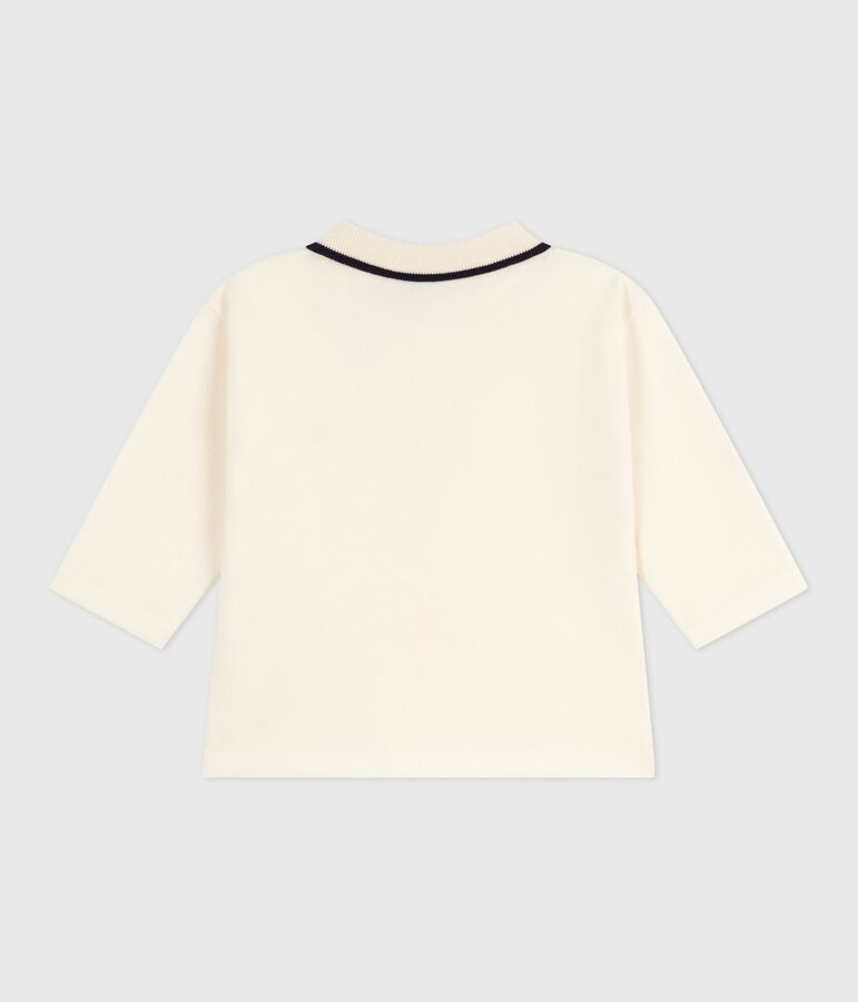 Babies' long-sleeved plain cotton polo shirt Ecru