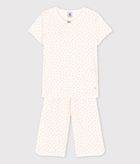 Girls' Heart Pattern Cotton Pyjamas MARSHMALLOW white/PAPAYE