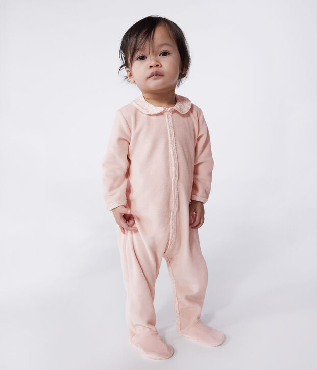 Babies' velour pyjamas with a collar pink