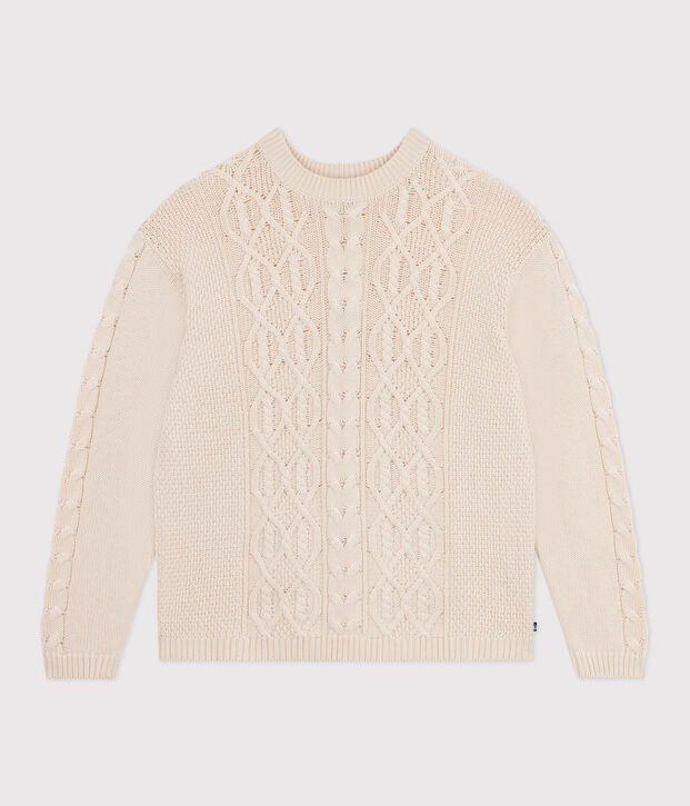 Women's plain cable-knit wool and cotton jumper Ecru