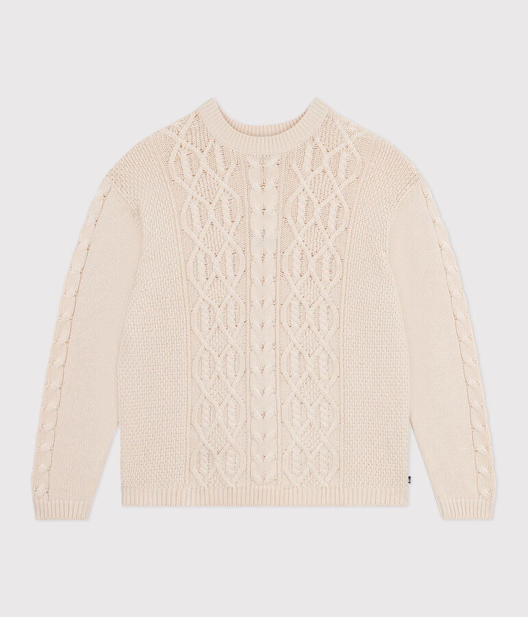 Women's plain cable-knit wool and cotton jumper Ecru