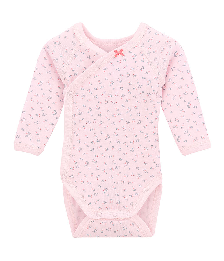 Newborn baby girls' long-sleeved printed bodysuit VIENNE pink/MULTICO white