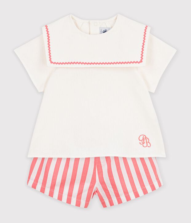 Babies' 2-piece cotton/linen outfit, with a sailor collar top pink/white