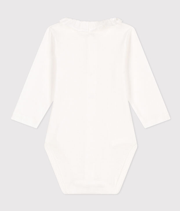 Babies' Long-Sleeved Cotton Bodysuit With Ruffle Collar white