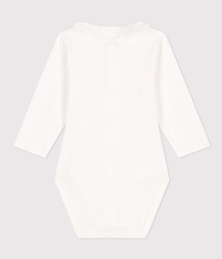 Babies' Long-Sleeved Cotton Bodysuit With Ruffle Collar MARSHMALLOW white