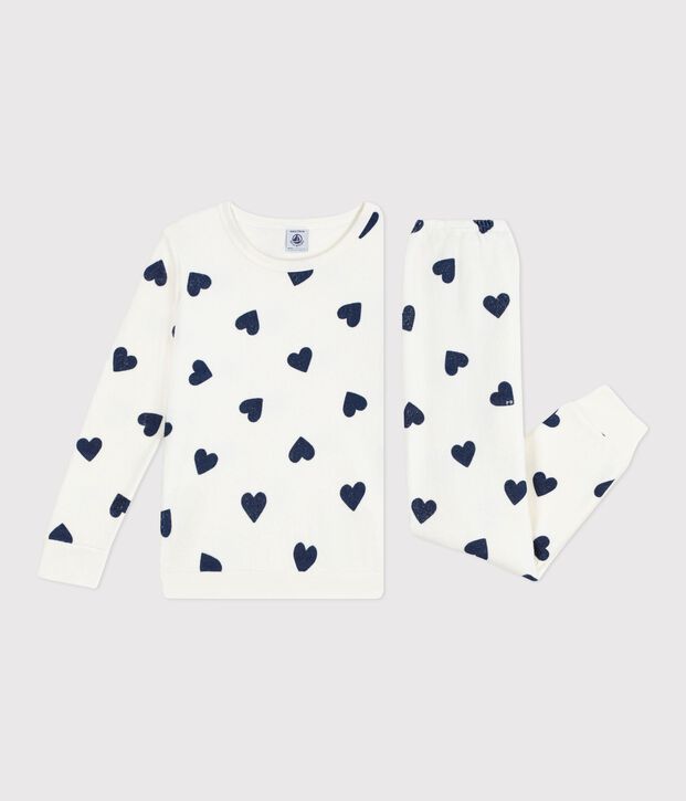 Children's cotton terry pyjamas printed with hearts blue/blue