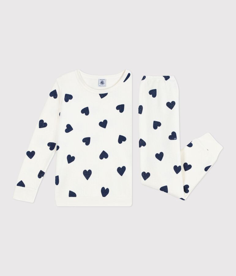 Children's cotton terry pyjamas printed with hearts Ecru/blue