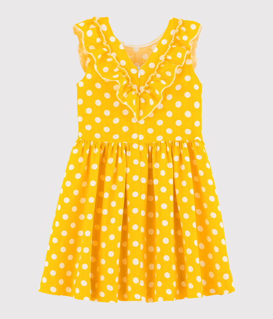 Girls' Short-Sleeved Linen Dress SHINE yellow/MARSHMALLOW white