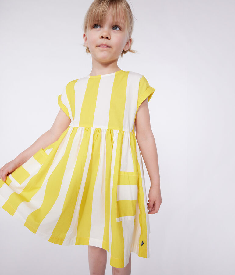 Children's short-sleeved stripy cotton dress white/yellow