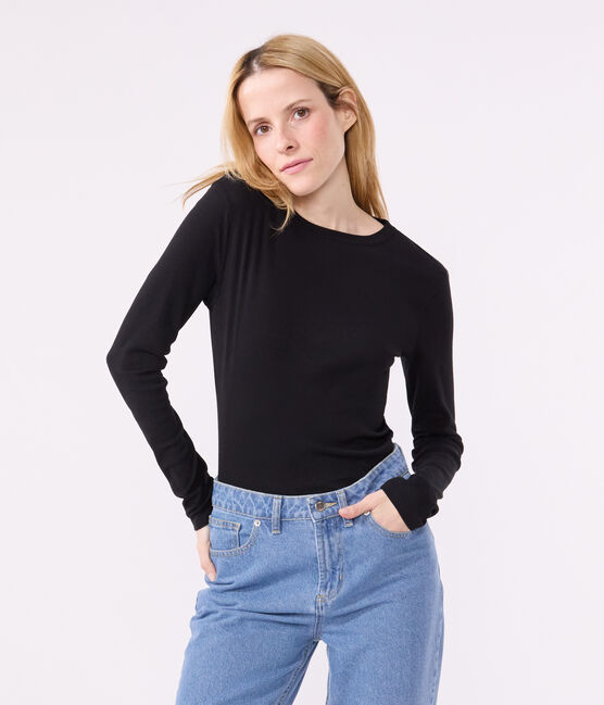 Women's iconic long-sleeved plain rib knit T-shirt BLACK Petit