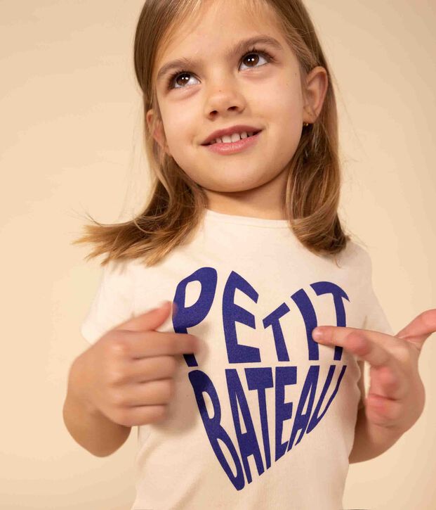 Girls' short-sleeved cotton T-shirt Ecru