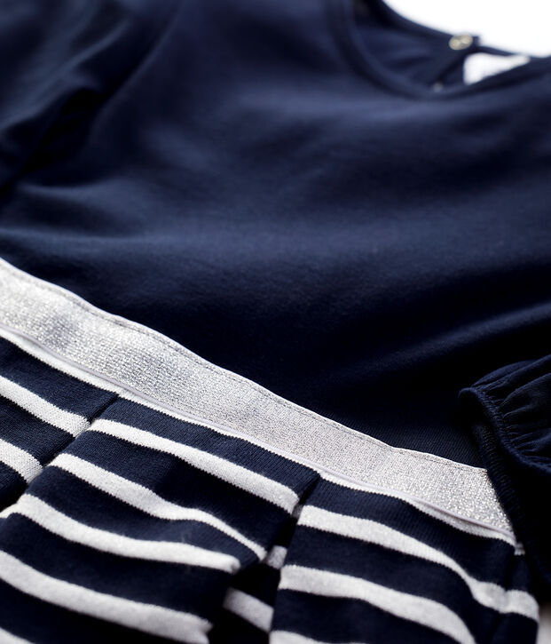 Girls' Long-Sleeved Cotton Dress blue/MARSHMALLOW ARGENT BRILLANT