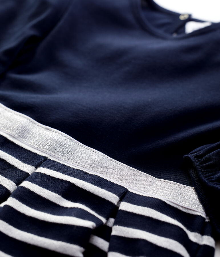 Girls' Long-Sleeved Cotton Dress SMOKING blue/MARSHMALLOW ARGENT BRILLANT