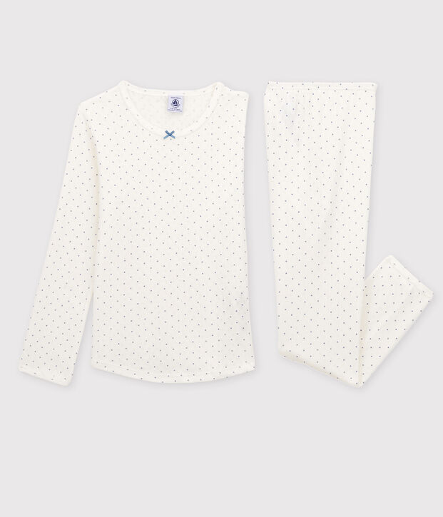 Girls' Openwork Spotted Organic Cotton Pyjamas white/blue