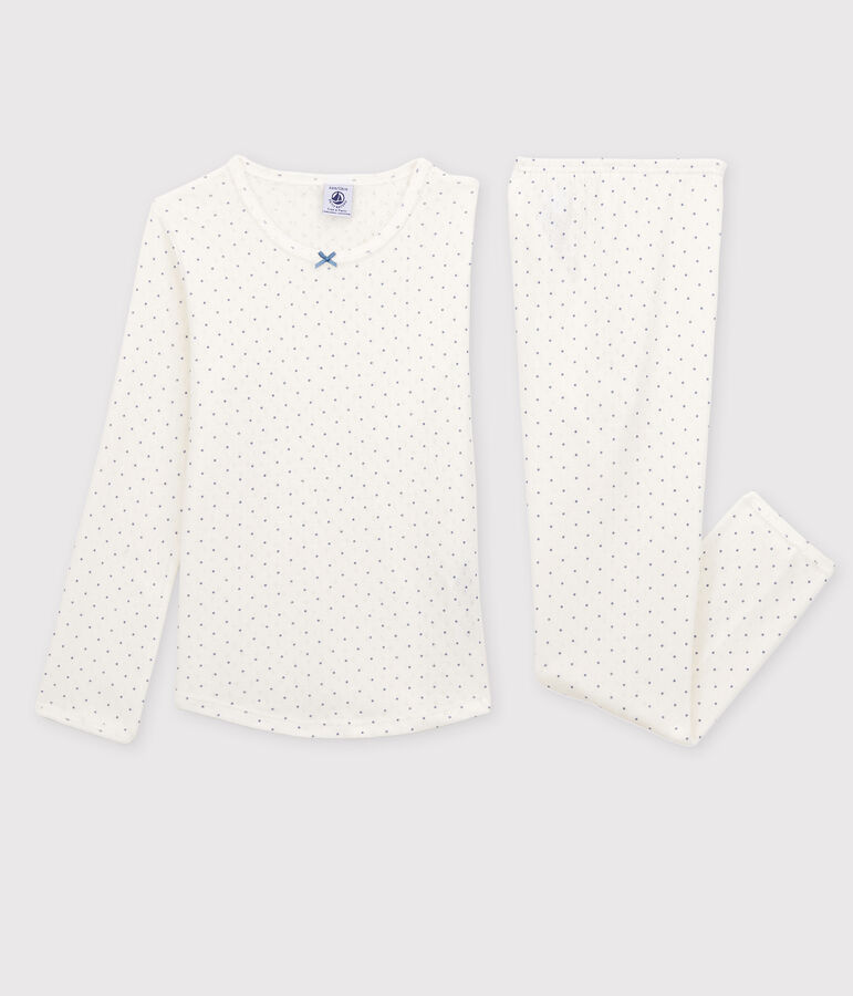 Girls' Openwork Spotted Organic Cotton Pyjamas white/blue