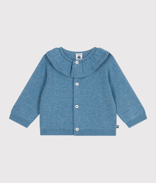 Babies' plain wool and cotton knit cardigan with a collar blue