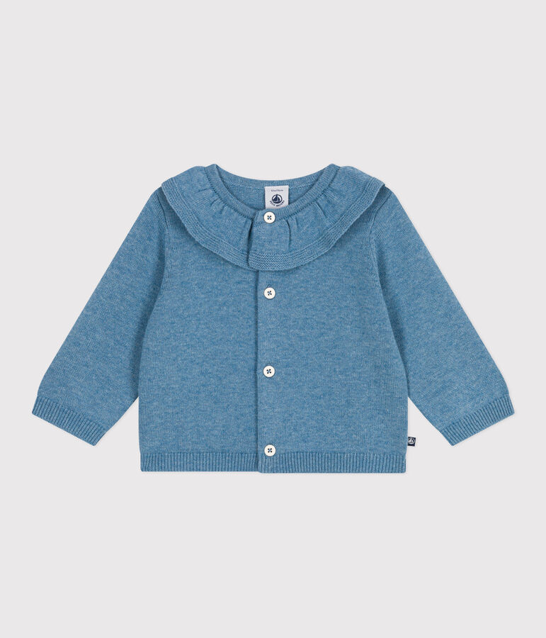 Babies' plain wool and cotton knit cardigan with a collar blue