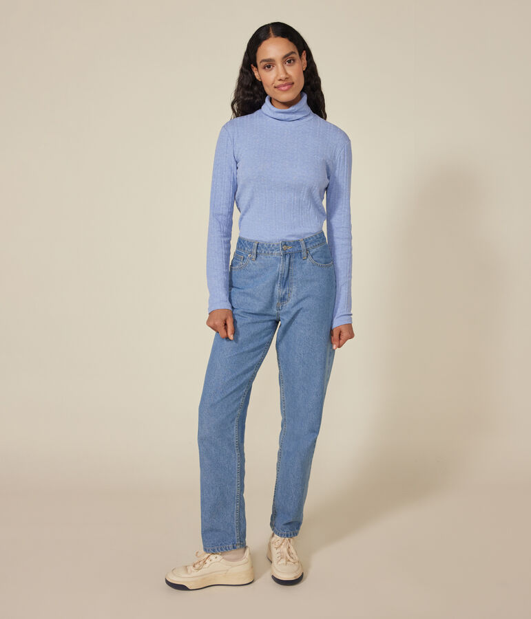 Women's iconic roll neck T-shirt in decorative rib knit blue