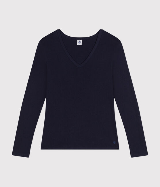Women's plain long-sleeved iconic rib knit T-shirt SMOKING blue