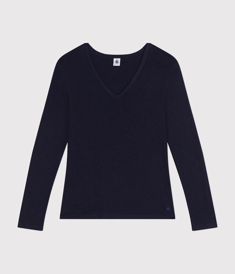 Women's plain long-sleeved iconic rib knit T-shirt SMOKING blue