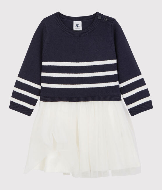 Babies' Wool/Cotton Dress SMOKING blue/MARSHMALLOW white