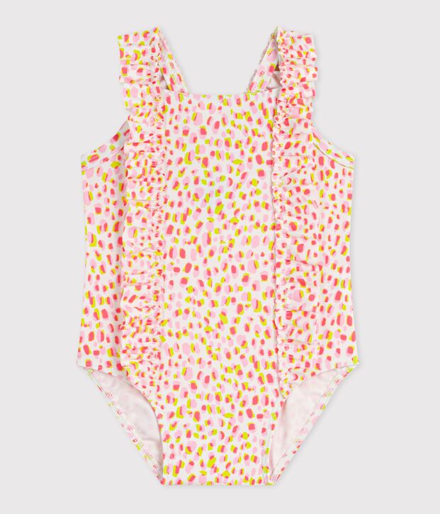 Babies' one-piece printed ruffled swimsuit. white/multicolor