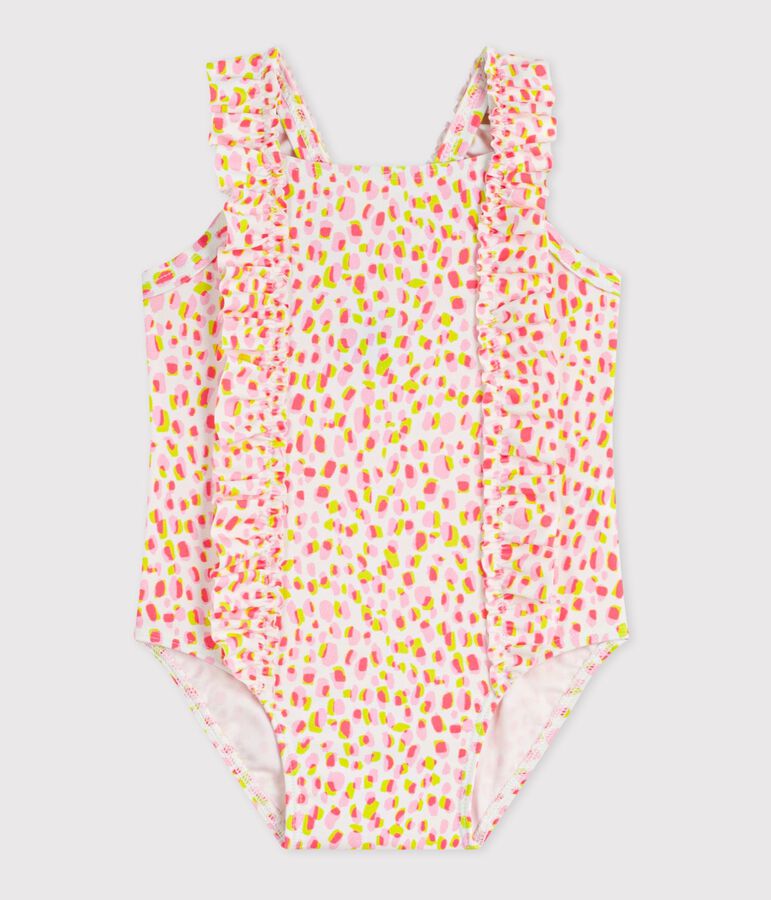 Babies' one-piece printed ruffled swimsuit. white/multicolor