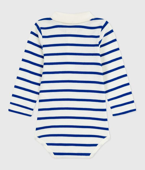 Babies' stripy cotton body with a polo shirt collar MILK blue/OLYMPIC