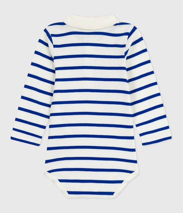 Babies' stripy cotton body with a polo shirt collar blue/blue